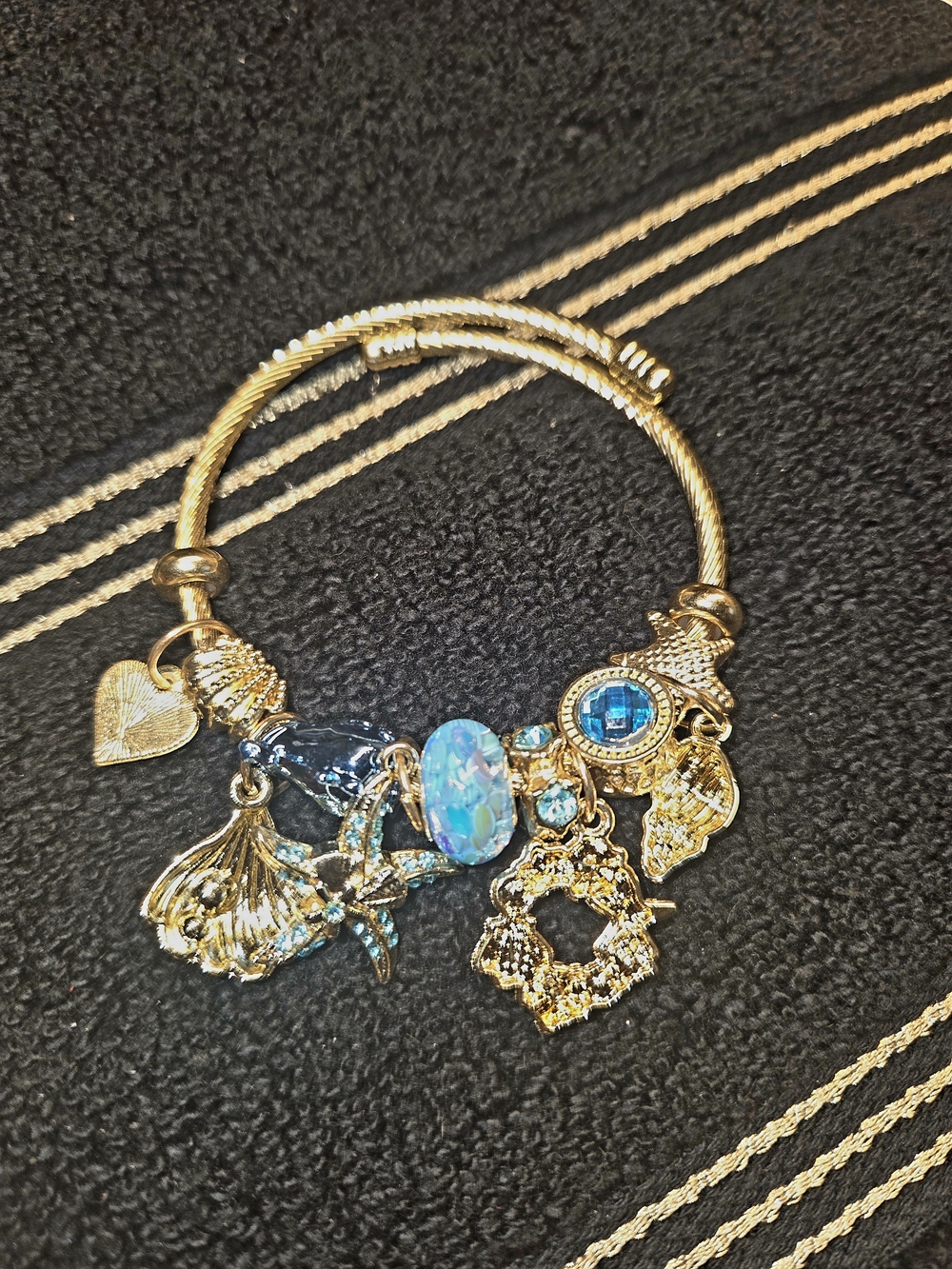 Gold Tone Blue Charm Bangle Bracelet - Women Jewelry